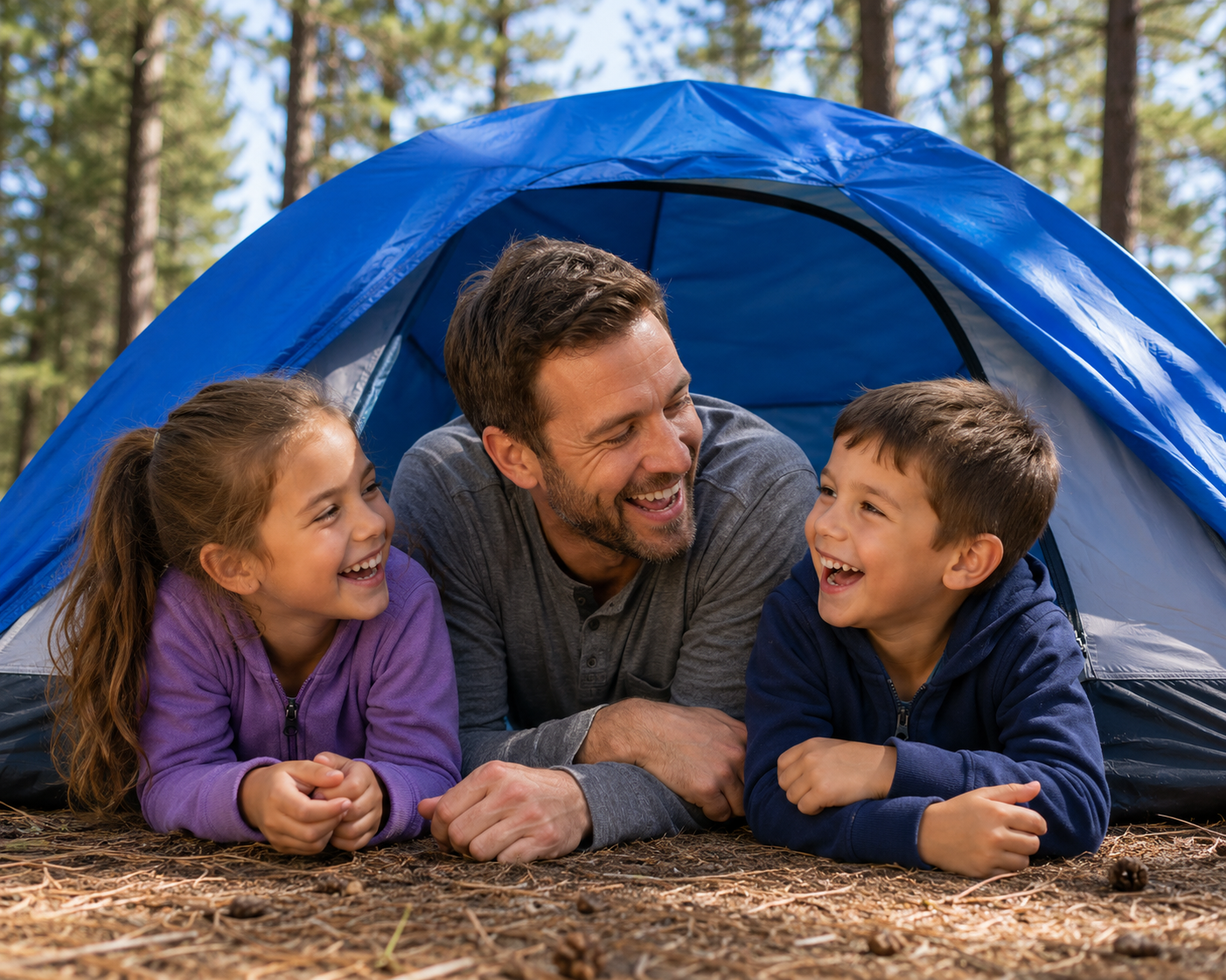 mily Camping Adventure in Blue Tent | Campground Membership Resort Getaway Father with young daughter and son laughing together outside a blue camping tent surrounded by trees at a campground membership resort.