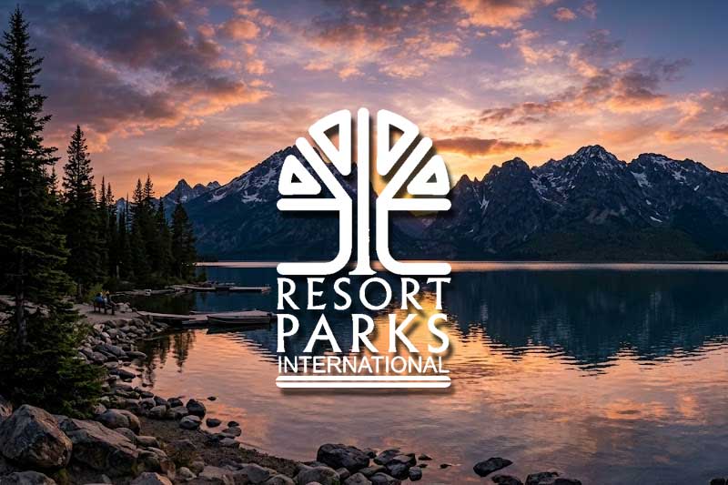 Resort Parks International Campground Membership Reseller Program A mountain landscape and lake background are overlaid with the "Resort Parks International" text and tree logo.