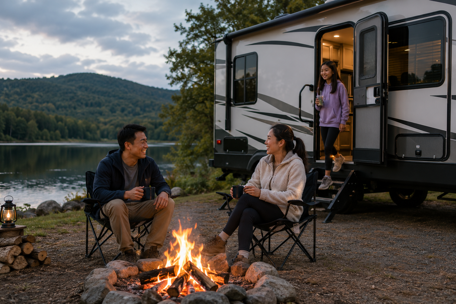 asian-family-rv-camping-lakeside-campfire-campground-membership Asian couple sitting in folding chairs around a campfire beside a luxury RV while their daughter steps out of the RV holding a drink, with a scenic lake, forested hills, and light clouds in the background