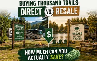 Graphic comparison titled "Buying Thousand Trails Direct vs. Resale" showing an RV campsite on the left representing direct buying and a lakeside camp setting on the right representing resale membership, with the text "How much can you actually save?"