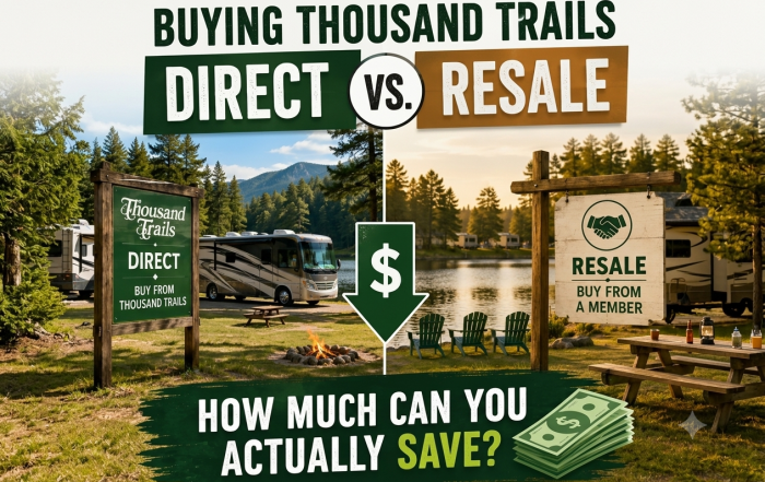 Graphic comparison titled "Buying Thousand Trails Direct vs. Resale" showing an RV campsite on the left representing direct buying and a lakeside camp setting on the right representing resale membership, with the text "How much can you actually save?"