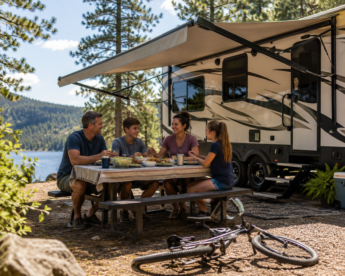 family-rv-camping-under-awning-campground-membership Family of four enjoying a meal at a picnic table under an RV awning at a scenic campground, with a father, mother, teenage son, teenage daughter, and bicycle nearby.