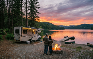 A couple standing by a campfire next to a luxury Class C motorhome parked at a scenic lakefront RV resort at sunset.