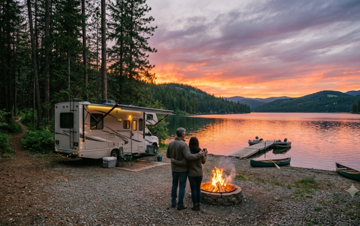A couple standing by a campfire next to a luxury Class C motorhome parked at a scenic lakefront RV resort at sunset.